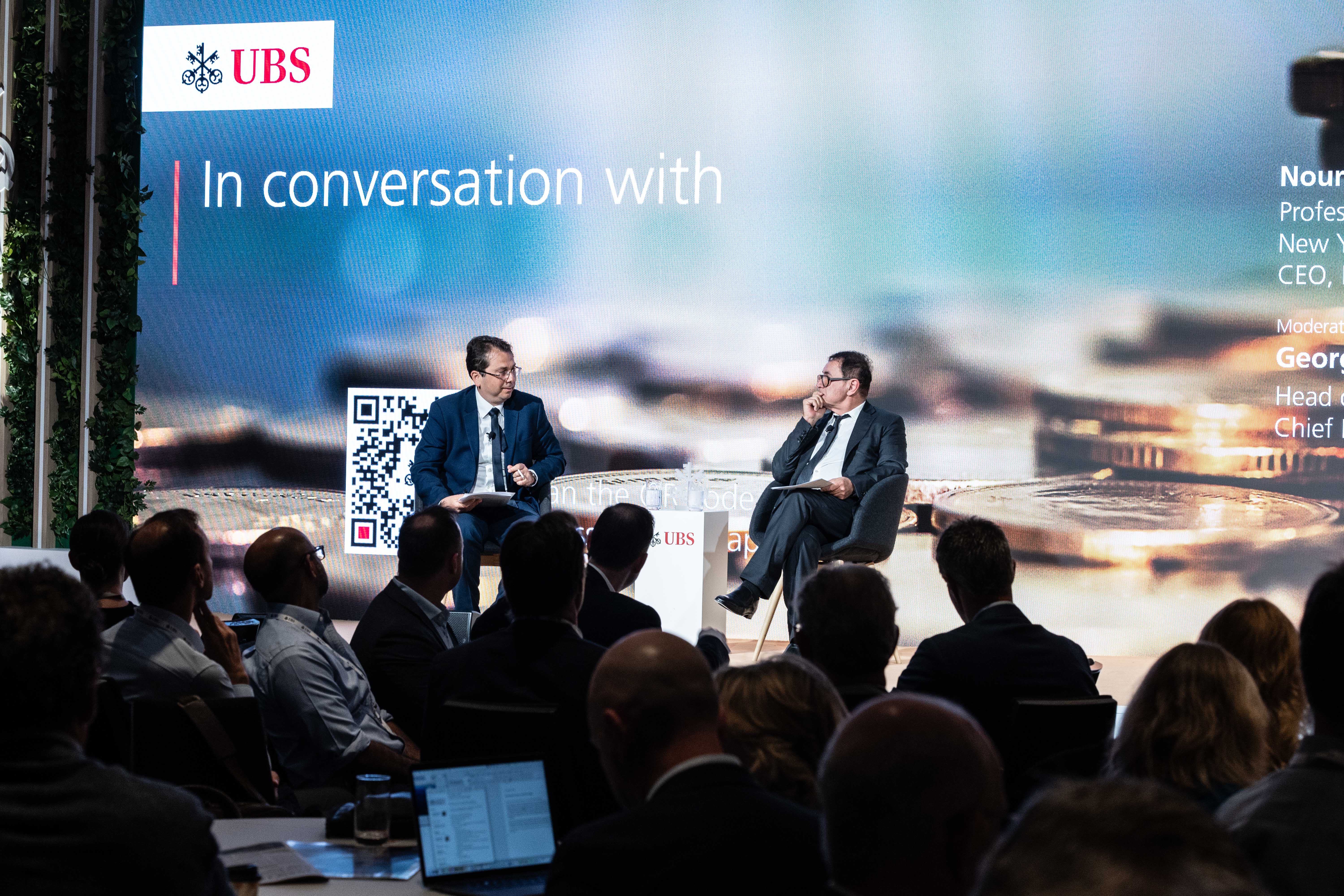 UBS' George Tharenou in conversation with Nouriel Roubini (Photographer: Scott Ehler)