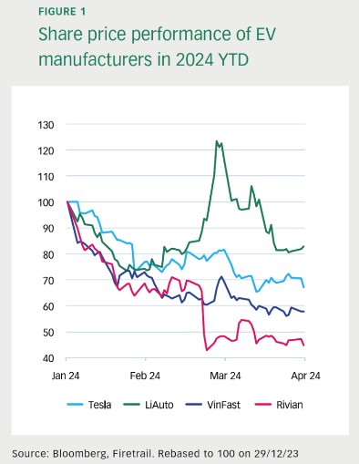 Share price performance of EV manufacturers in 2024 YTD