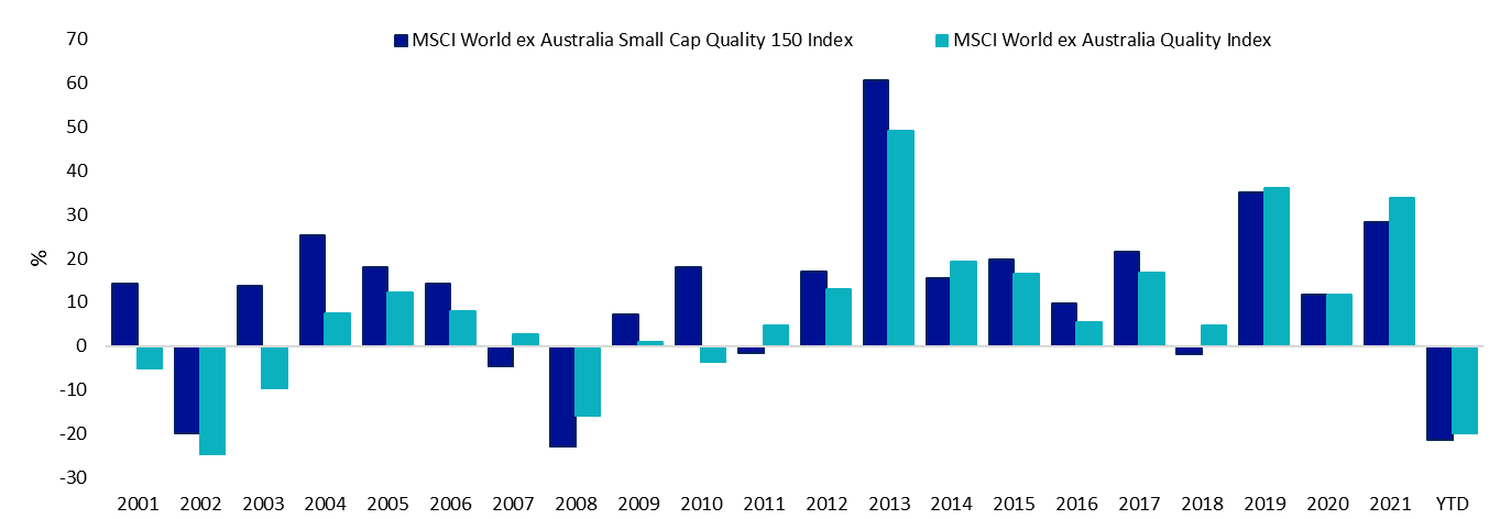 Source: VanEck, Morningstar Direct, as at 30 June 2022. You cannot invest directly in an index. Past performance of the index is not a reliable indicator of future performance of QSML.