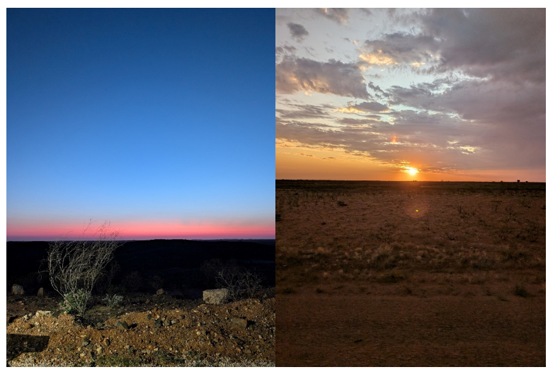 Sunrise (left), and sunset (right) in the Pilbara. Source: Seneca photos from Wildcat site visit