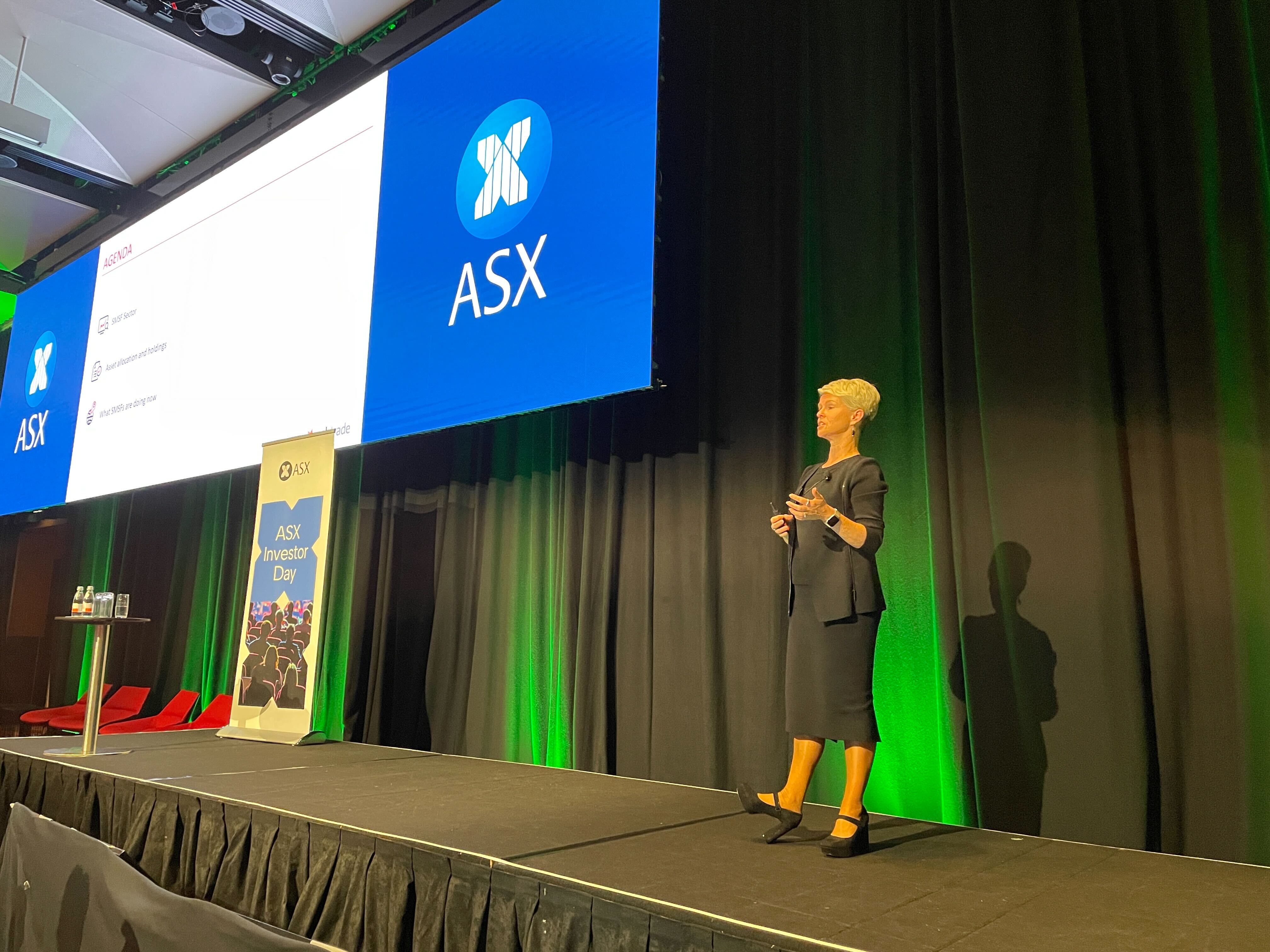 Gemma Dale presenting on stage at the ASX Investor Day in Sydney