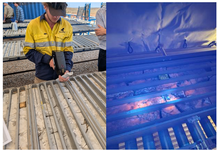 Examining drill core (left) and spodumene fluorescing under UV light (right). Source: Seneca photos from Wildcat site visit