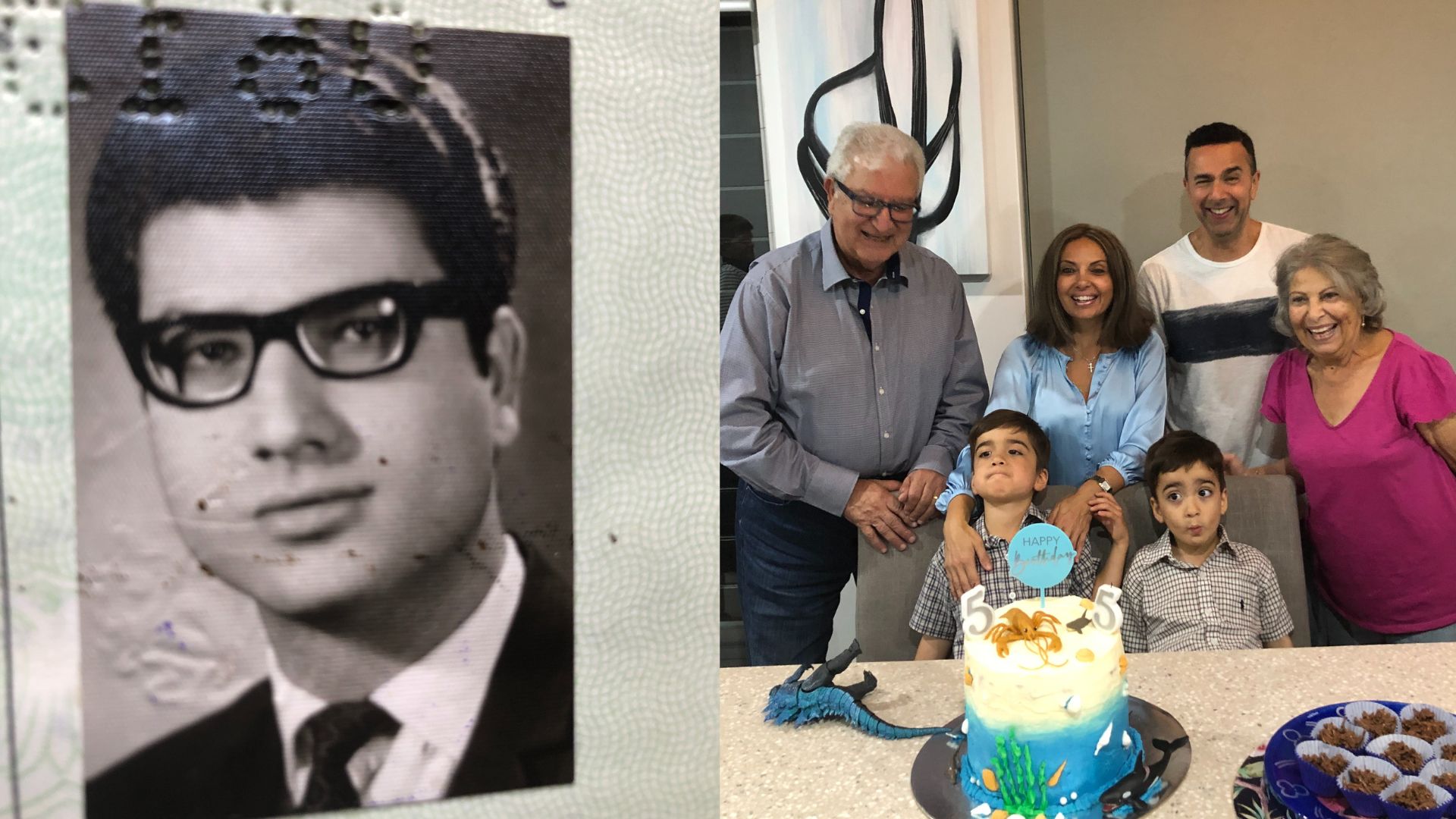 Gaston's passport photo when he arrived in Australia, and today, with his daughter and her twin boys. 