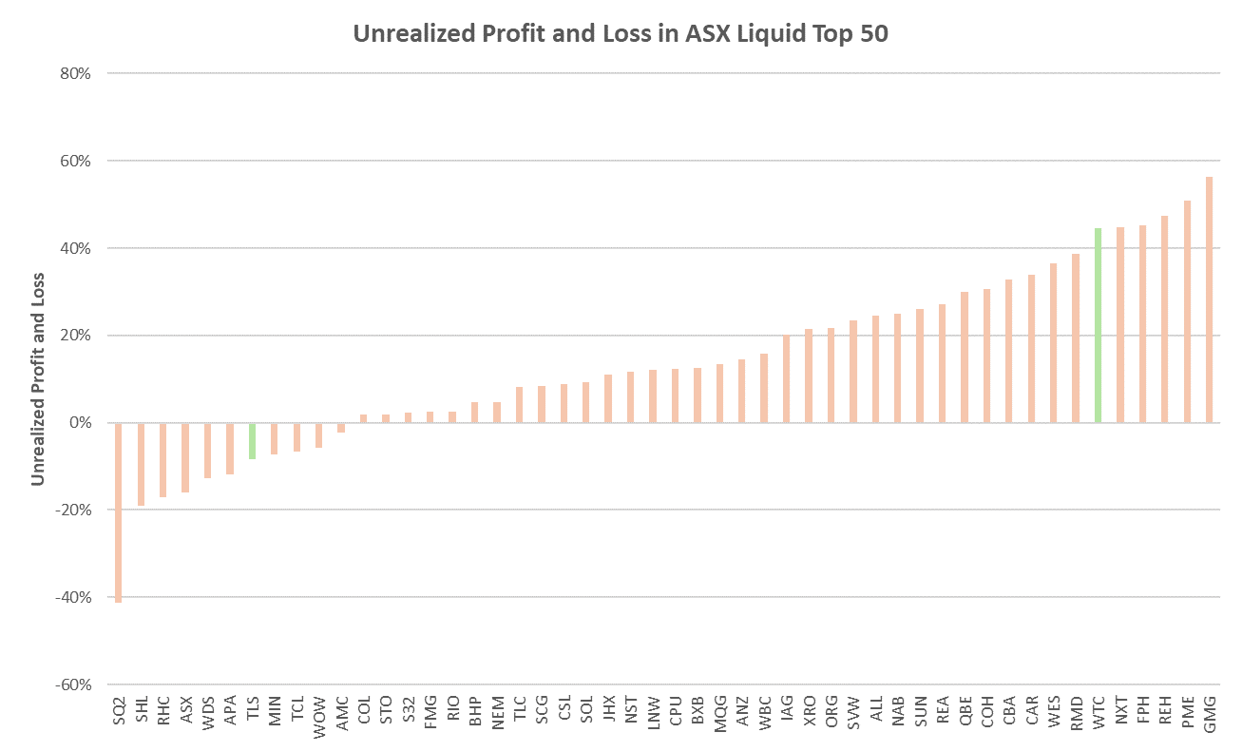 Unrealized profit and loss for the fifty largest liquid stocks on the ASX. Pricing date: 14-Jun-24.