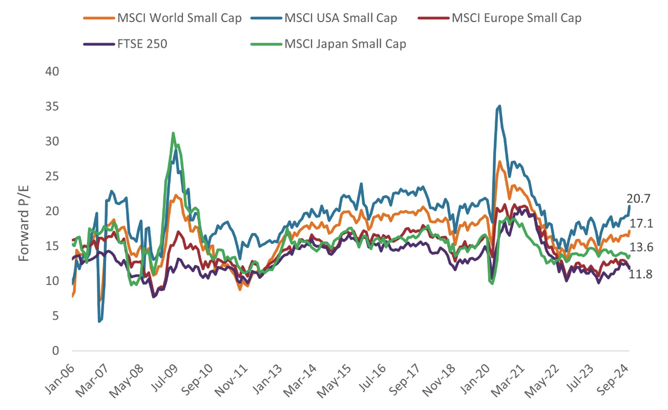 Source: Datastream, MSCI regional small-cap indices, Janus Henderson Investors. Data from 30 January 2006 to 14 November 2024. Forward price-to-earnings (P/E) ratios based on estimated 12-month forward earnings. There is no guarantee that past trends will continue, or forecasts will be realized.