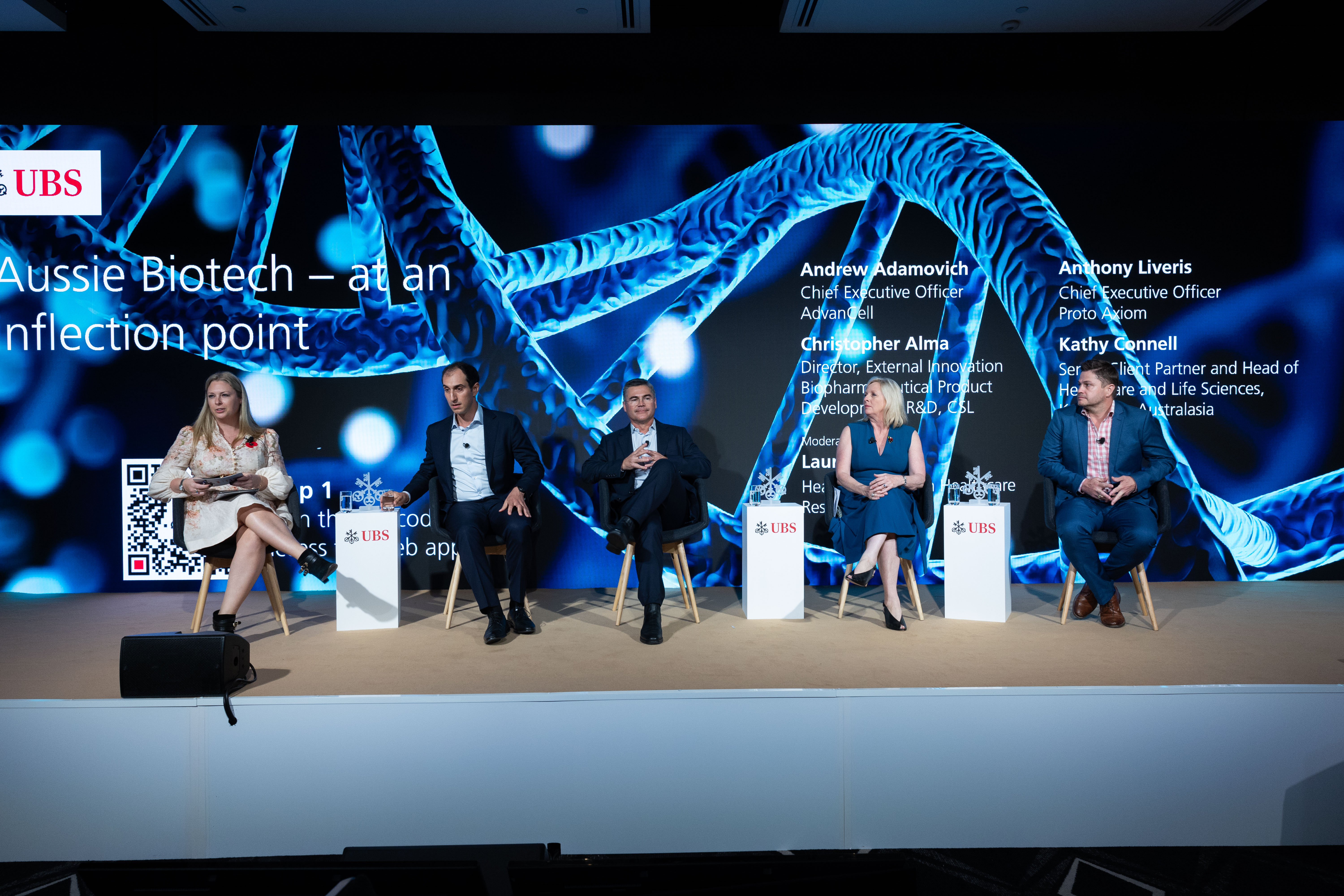 The panel at the UBS Australasia Conference 2024. From LtoR: Laura Sutcliffe, Anthony Liveris, Andrew Adamovich, Kathy Connell and Christopher Alma. Photographer: Scott Ehler