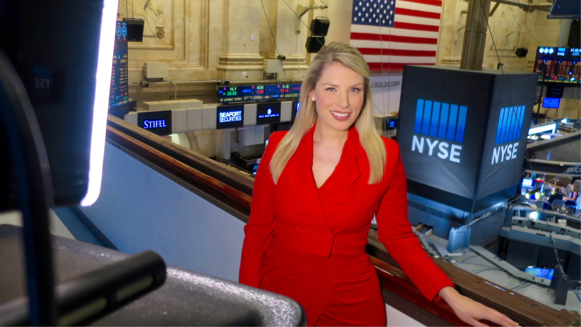 Lel reporting as a broadcast journalist from the NYSE. (Source: Supplied) 