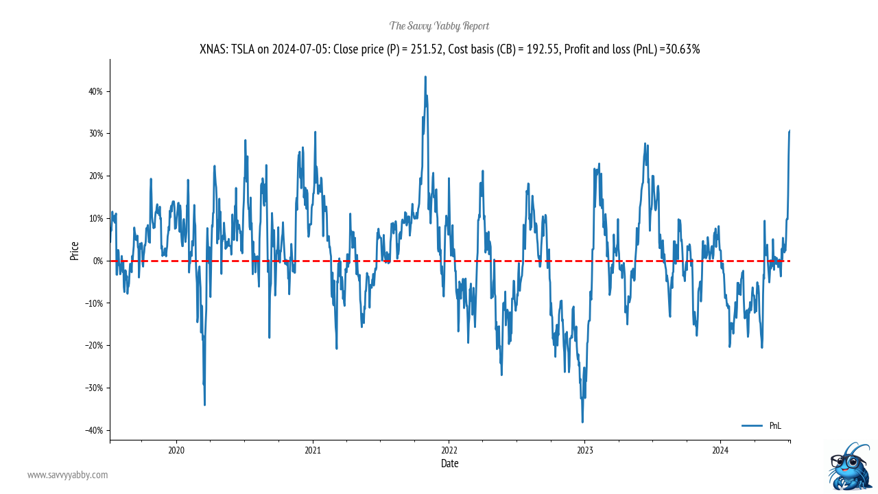 The unrealized profit and loss chart for Tesla is very erratic highlighting how speculative it is.