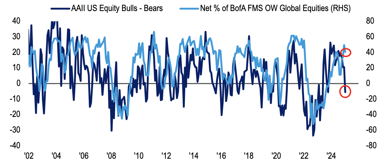 A net 41% of FMS investors are overweight global stocks, down from 3-year high of 49% in December. (Source: BofA Global Fund Manager Survey, January 2025)