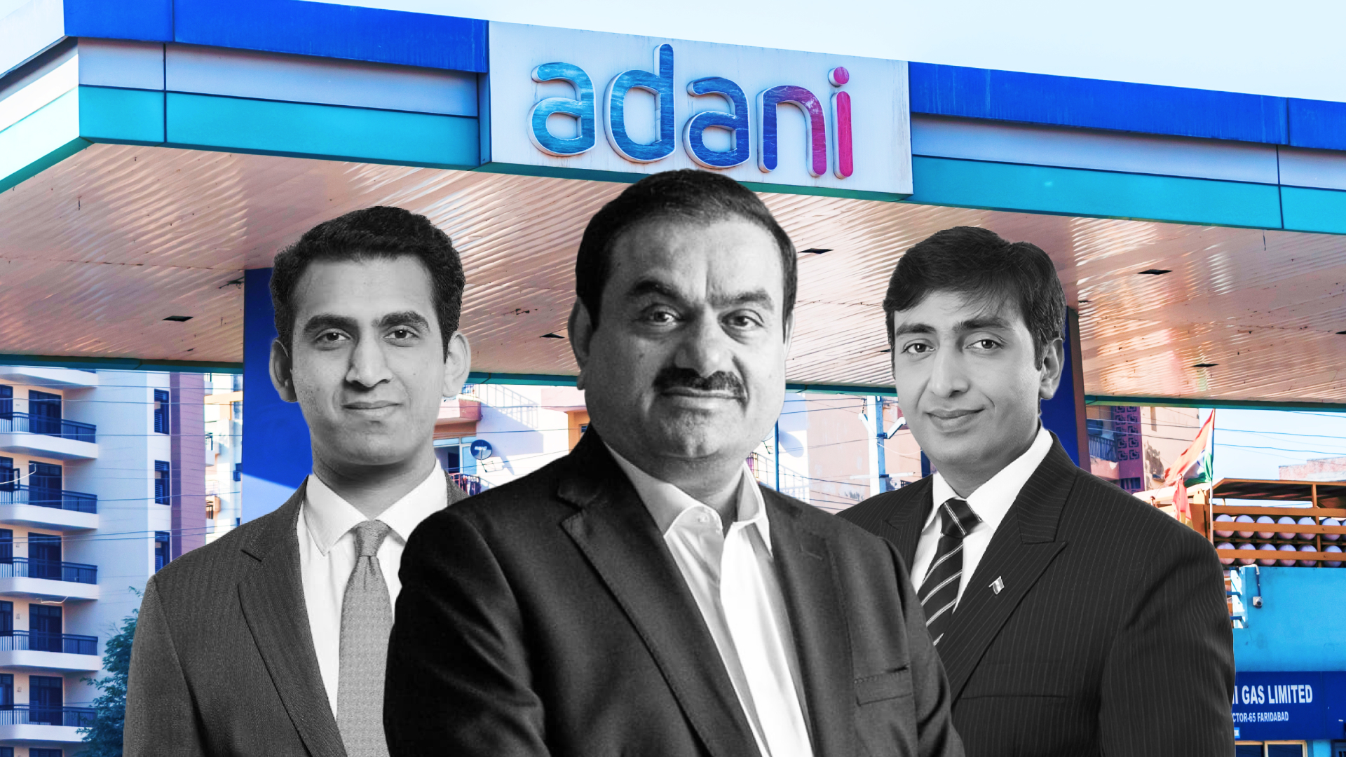 Three of the men at the centre of the Adani Group, including Chairman Gautam Adani (centre)