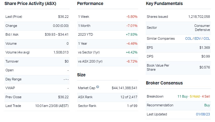 Company snapshot for Woolworths. Source: Market Index, 23 August 2023