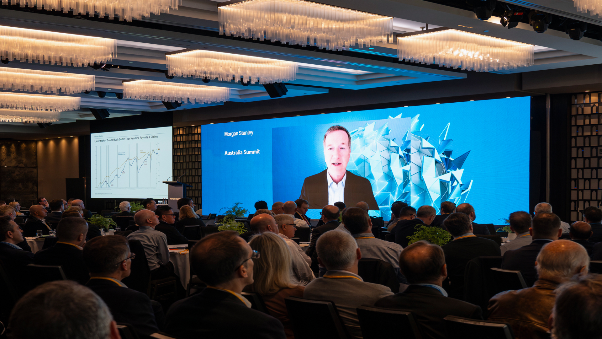 Michael Wilson, CIO and Chief US Equity Strategist at Morgan Stanley, speaks to the packed Morgan Stanley Australia Summit, held this year in the Grand Ballroom at the Sheraton Hyde Park in Sydney. (Taken Thursday 13 June 2024)