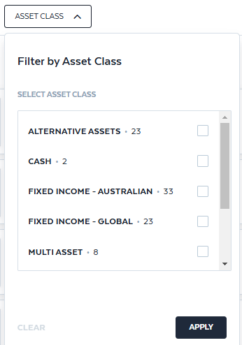 Select which asset class you would like to filter for.