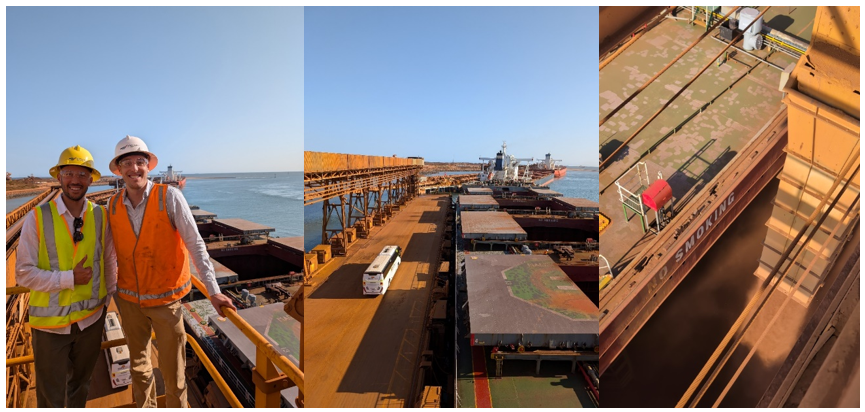 Port Hedland: Luke and Ben atop a ship loader (left), ship docked (middle), and ship loader dumping iron ore into ships headed to China (right). Source: Seneca photos from Wildcat site visit