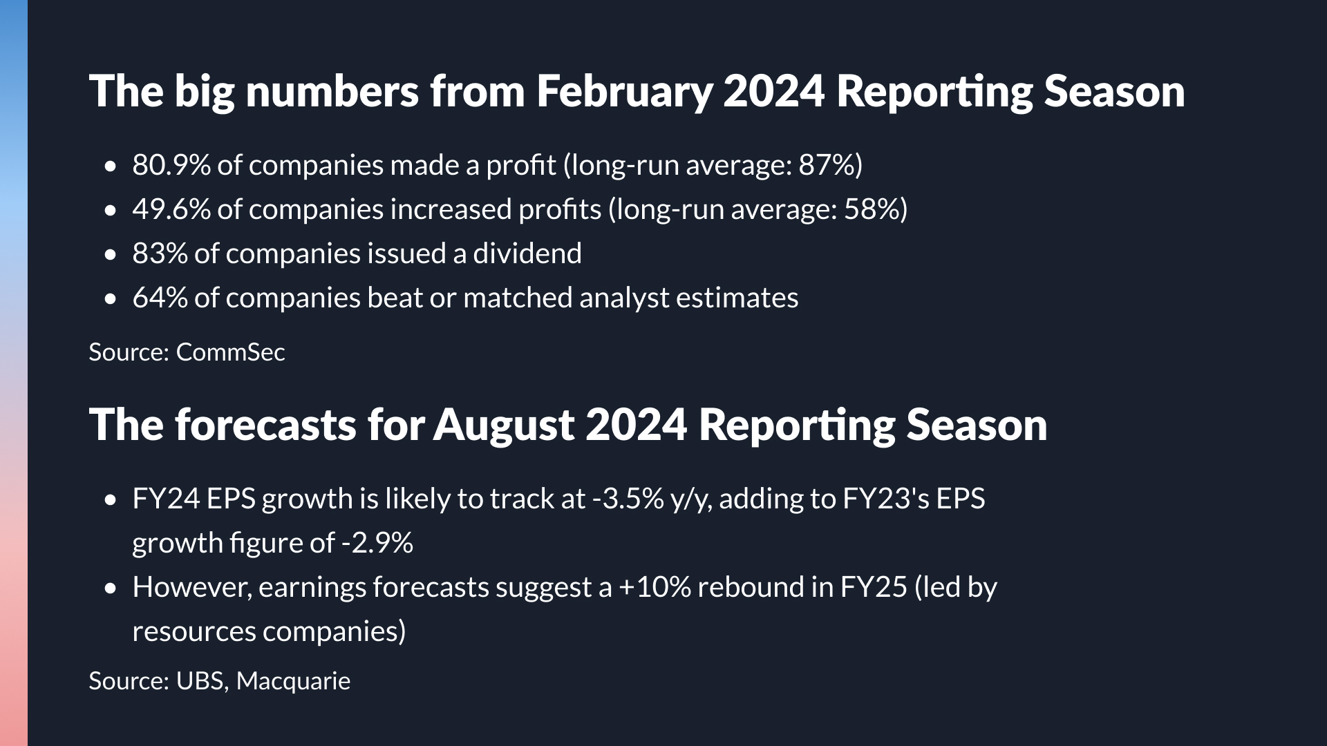 Source: CommSec, UBS, Macquarie