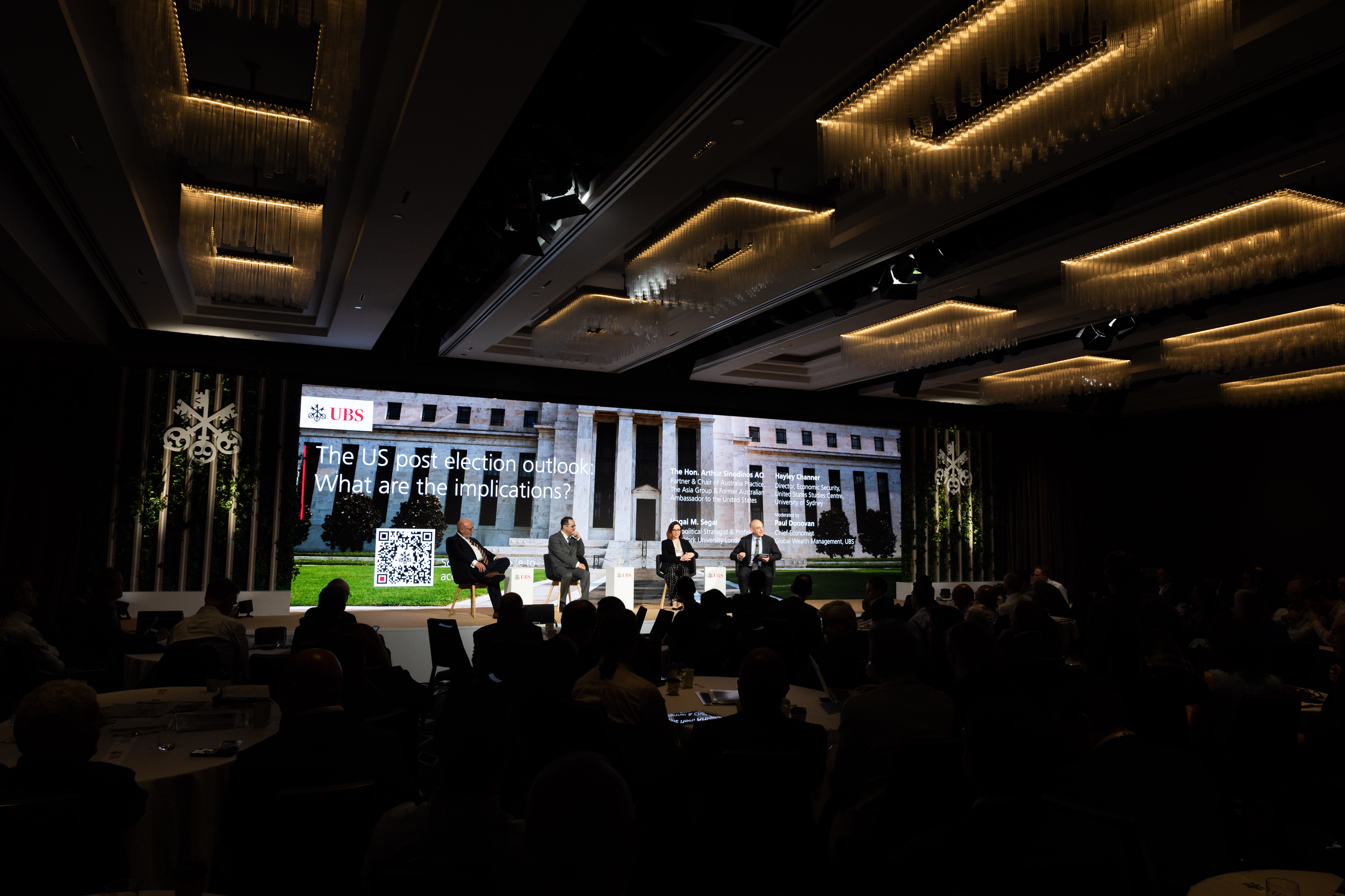 The panel of experts discussing "The US post-election outlook: What are the implications" at the UBS Australasia Conference in Sydney this week. (Photographer: Scott Ehler)