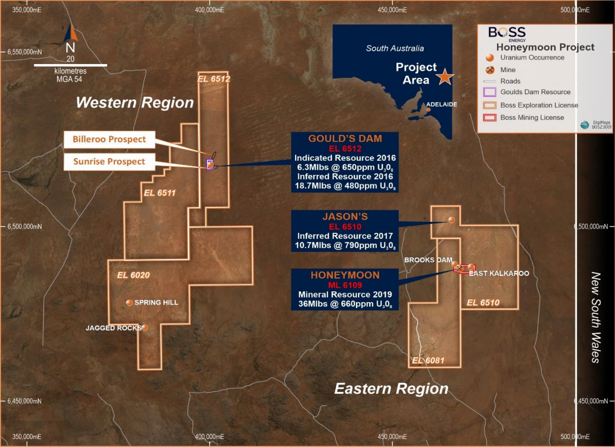 Honeymoon Uranium Project’s 100% held tenements. Source: Boss Energy