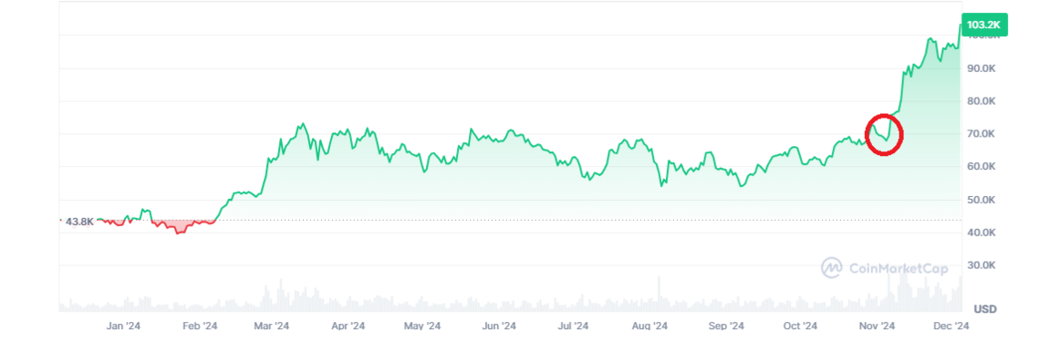 Bitcoin rockets and keeps going higher after Trump’s election on 5 November 2024. Source: CoinMarketCap. 