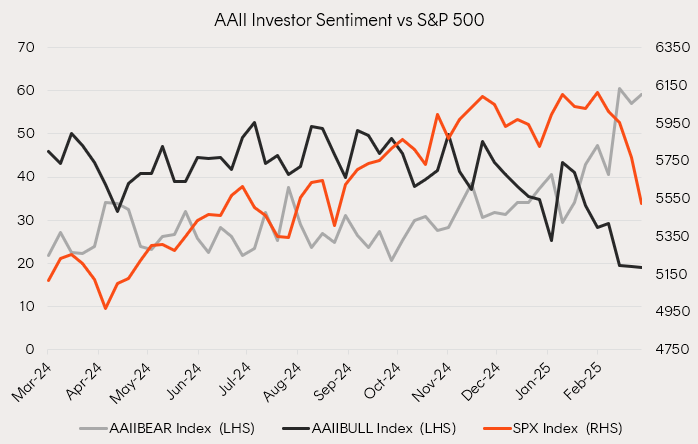 Source: AAII, Bloomberg. The AAII, or the American Association of Individual Investors, is a nonprofit investor education organisation. As of 14 March 2025.